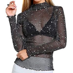 Women's Sexy Star Mesh See Through Mock Neck Long Sleeve Tops Tee T-Shirt NWT